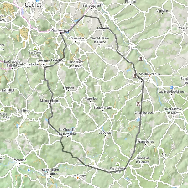 Map miniature of "Hidden Gems of Limousin" cycling inspiration in Limousin, France. Generated by Tarmacs.app cycling route planner