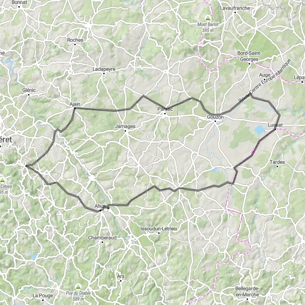 Map miniature of "Glorious Valleys Ride" cycling inspiration in Limousin, France. Generated by Tarmacs.app cycling route planner