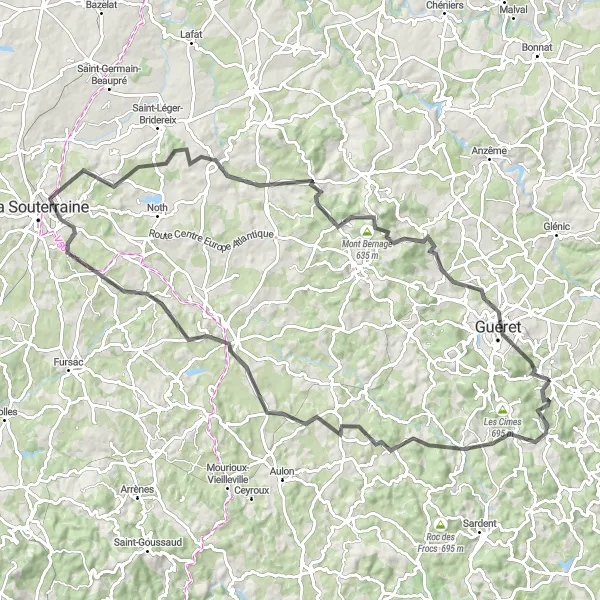 Map miniature of "Monts et Vallées" cycling inspiration in Limousin, France. Generated by Tarmacs.app cycling route planner