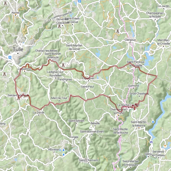 Map miniature of "The Gravel Adventure" cycling inspiration in Limousin, France. Generated by Tarmacs.app cycling route planner