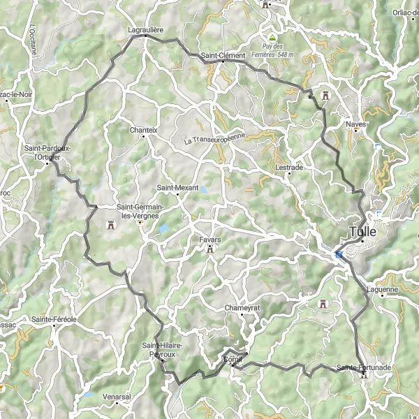 Map miniature of "The Green Hills Route" cycling inspiration in Limousin, France. Generated by Tarmacs.app cycling route planner