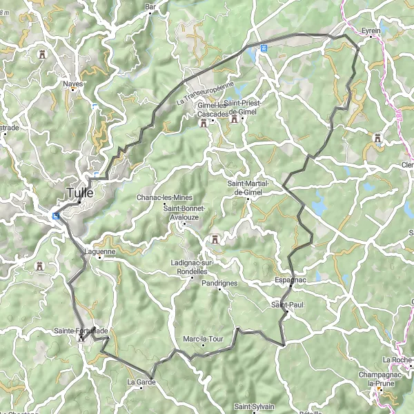 Map miniature of "The Tulle Tour" cycling inspiration in Limousin, France. Generated by Tarmacs.app cycling route planner