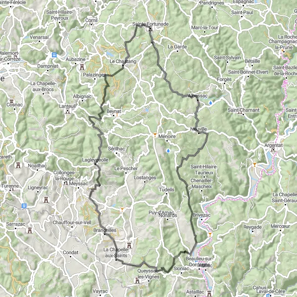 Map miniature of "The Albussac Loop" cycling inspiration in Limousin, France. Generated by Tarmacs.app cycling route planner