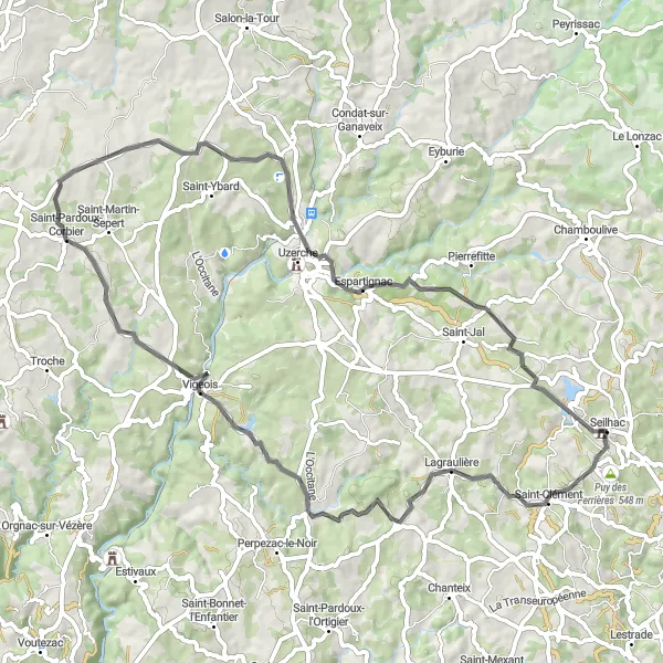 Miniature de la carte de l'inspiration cycliste "Parcours de cyclisme autour de Seilhac 4" dans la Limousin, France. Générée par le planificateur d'itinéraire cycliste Tarmacs.app
