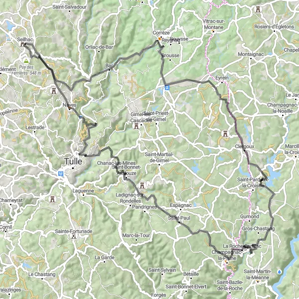 Map miniature of "Seilhac to La Roche-Canillac Adventure" cycling inspiration in Limousin, France. Generated by Tarmacs.app cycling route planner