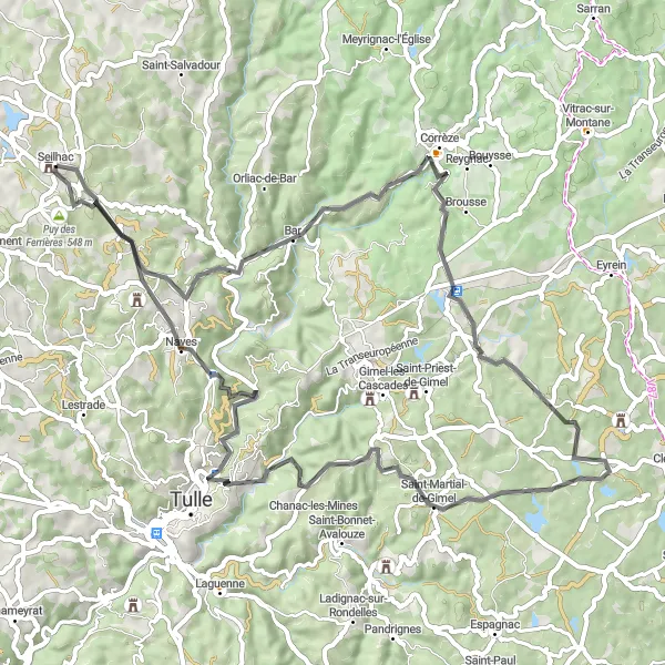 Miniature de la carte de l'inspiration cycliste "Parcours de cyclisme autour de Seilhac 1" dans la Limousin, France. Générée par le planificateur d'itinéraire cycliste Tarmacs.app