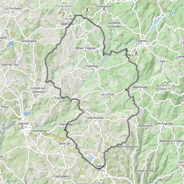 Map miniature of "Eyburie Adventure" cycling inspiration in Limousin, France. Generated by Tarmacs.app cycling route planner