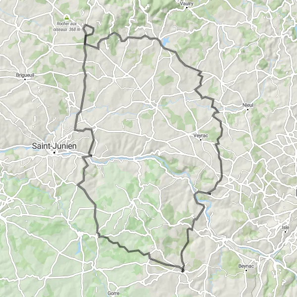 Miniature de la carte de l'inspiration cycliste "Boucle Saint-Brice-sur-Vienne et Cieux" dans la Limousin, France. Générée par le planificateur d'itinéraire cycliste Tarmacs.app