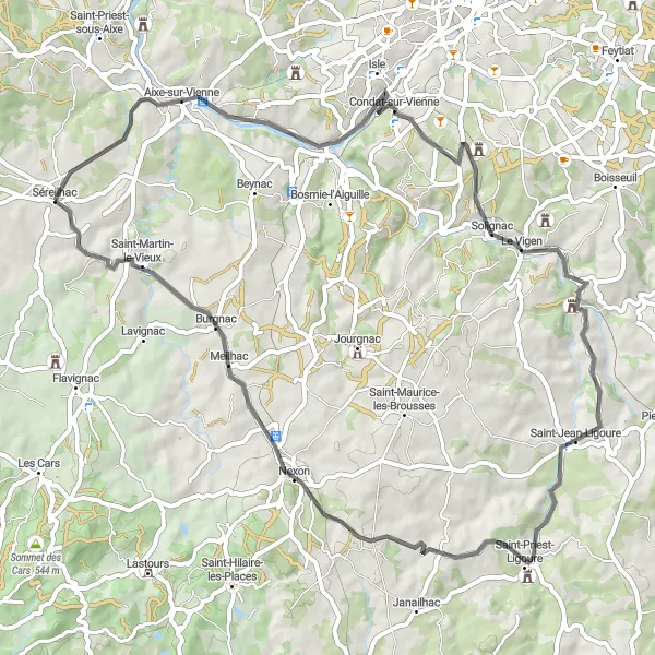 Map miniature of "The Aixe-sur-Vienne Circuit" cycling inspiration in Limousin, France. Generated by Tarmacs.app cycling route planner