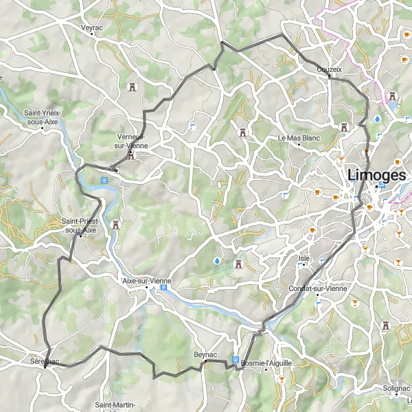 Miniature de la carte de l'inspiration cycliste "Circuit Verneuil-sur-Vienne et Beynac" dans la Limousin, France. Générée par le planificateur d'itinéraire cycliste Tarmacs.app