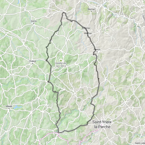 Miniature de la carte de l'inspiration cycliste "Tour Meilhac et Jumilhac-le-Grand" dans la Limousin, France. Générée par le planificateur d'itinéraire cycliste Tarmacs.app