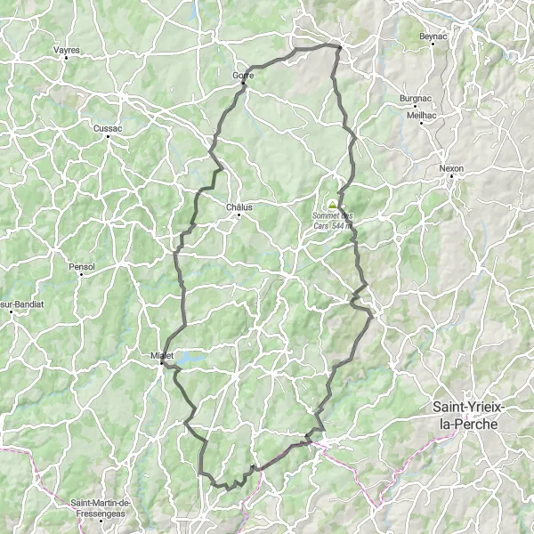 Map miniature of "Limousin Hillside Loop" cycling inspiration in Limousin, France. Generated by Tarmacs.app cycling route planner