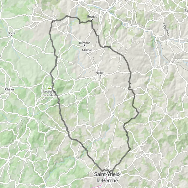 Miniature de la carte de l'inspiration cycliste "La Route des Châteaux" dans la Limousin, France. Générée par le planificateur d'itinéraire cycliste Tarmacs.app