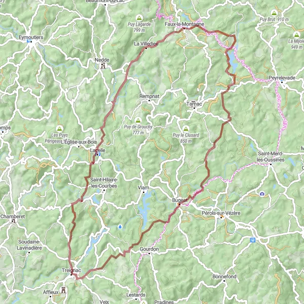 Miniature de la carte de l'inspiration cycliste "Boucle des Monts Sauvages" dans la Limousin, France. Générée par le planificateur d'itinéraire cycliste Tarmacs.app