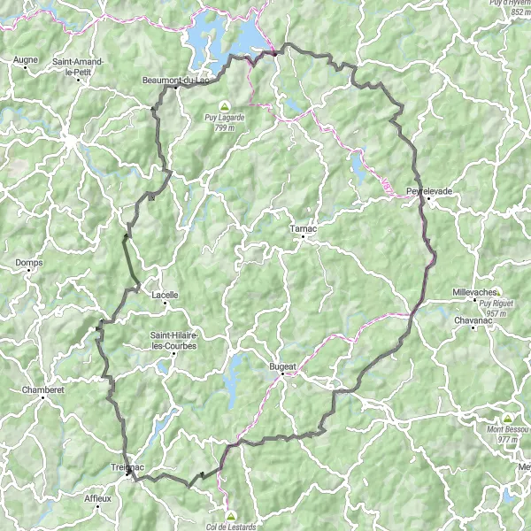 Miniature de la carte de l'inspiration cycliste "Boucle des Lacs et Montagnes" dans la Limousin, France. Générée par le planificateur d'itinéraire cycliste Tarmacs.app