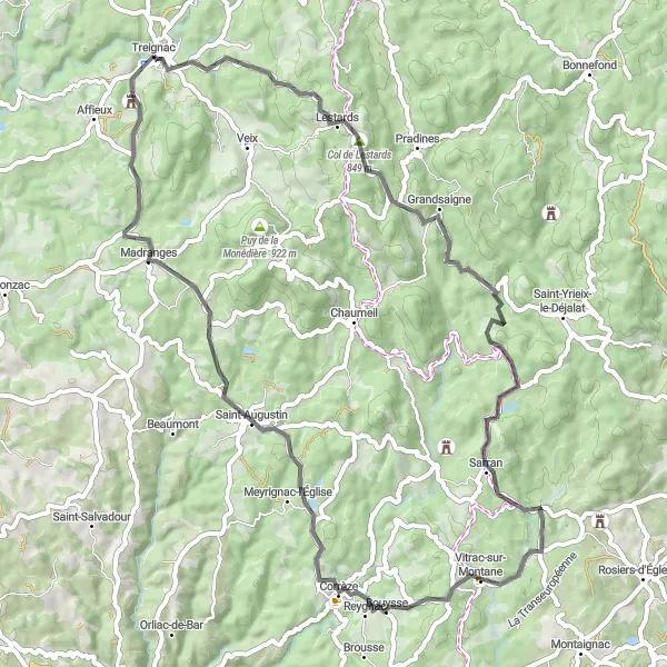 Miniature de la carte de l'inspiration cycliste "Le tour de Sarran" dans la Limousin, France. Générée par le planificateur d'itinéraire cycliste Tarmacs.app