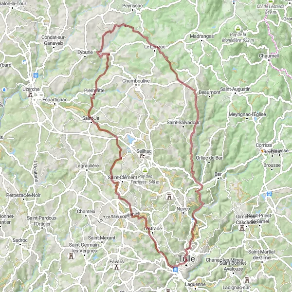 Map miniature of "Scenic Gravel Journey: Tulle to Saint-Jal" cycling inspiration in Limousin, France. Generated by Tarmacs.app cycling route planner