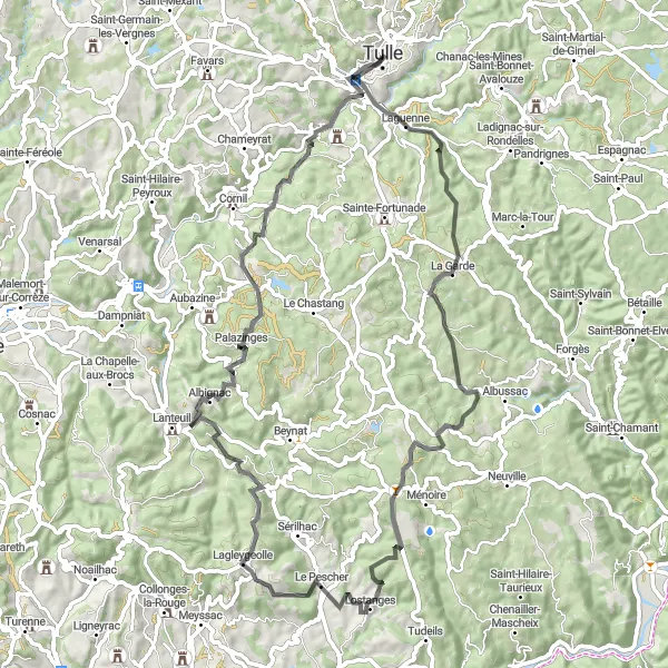 Map miniature of "Laguenne Adventure Ride" cycling inspiration in Limousin, France. Generated by Tarmacs.app cycling route planner