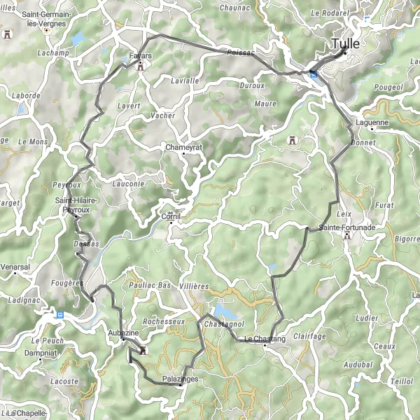 Map miniature of "Tulle Countryside Ride" cycling inspiration in Limousin, France. Generated by Tarmacs.app cycling route planner