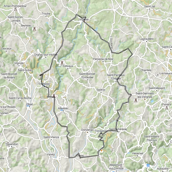 Map miniature of "On the Trail of Ussac" cycling inspiration in Limousin, France. Generated by Tarmacs.app cycling route planner