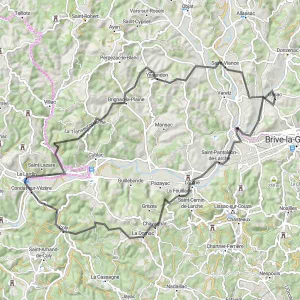 Map miniature of "The Dordogne Valley Ride" cycling inspiration in Limousin, France. Generated by Tarmacs.app cycling route planner