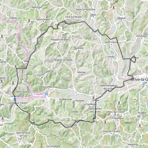 Miniature de la carte de l'inspiration cycliste "Boucle autour de Ussac via Saint-Pantaléon-de-Larche" dans la Limousin, France. Générée par le planificateur d'itinéraire cycliste Tarmacs.app