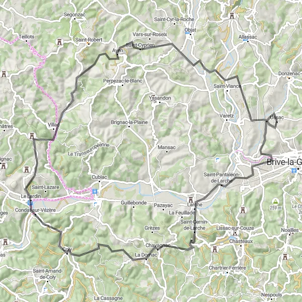 Map miniature of "Across the Countryside" cycling inspiration in Limousin, France. Generated by Tarmacs.app cycling route planner