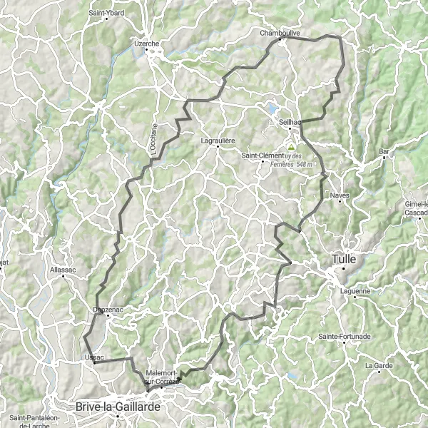 Map miniature of "The Corrèze Valley Challenge" cycling inspiration in Limousin, France. Generated by Tarmacs.app cycling route planner