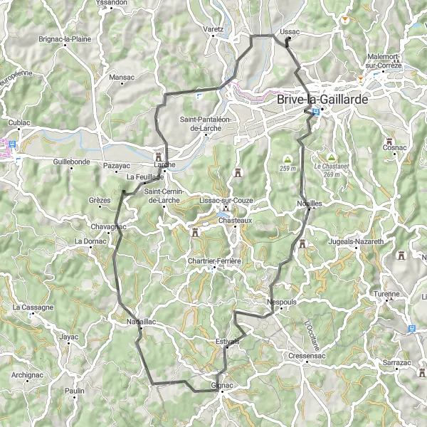 Miniature de la carte de l'inspiration cycliste "Parcours cycliste à travers Brive-la-Gaillarde et Ussac" dans la Limousin, France. Générée par le planificateur d'itinéraire cycliste Tarmacs.app