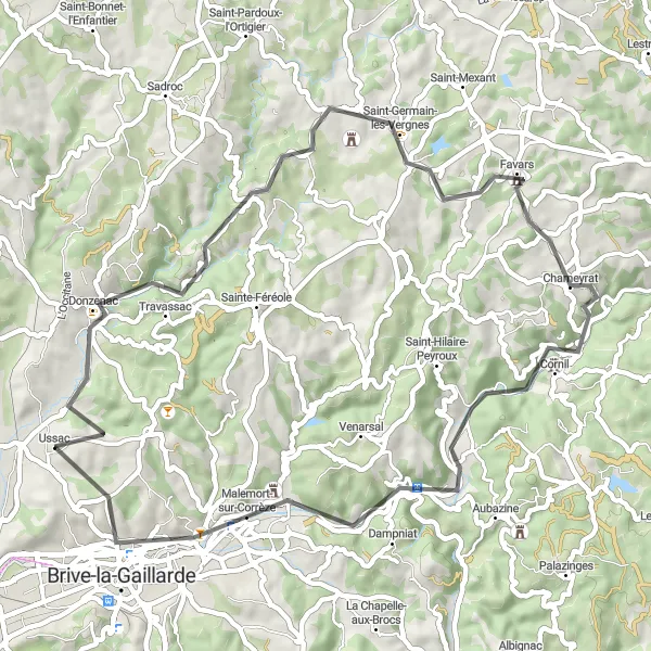 Map miniature of "Exploring Donzenac" cycling inspiration in Limousin, France. Generated by Tarmacs.app cycling route planner