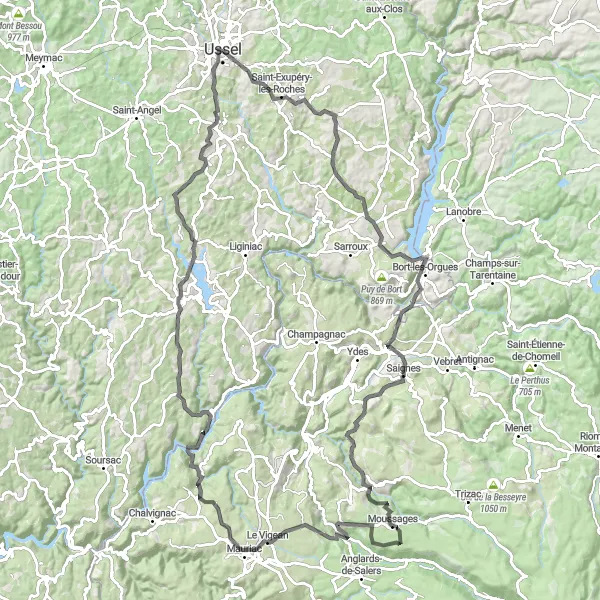 Miniature de la carte de l'inspiration cycliste "Le tour des Orgues et Barrage de Bort" dans la Limousin, France. Générée par le planificateur d'itinéraire cycliste Tarmacs.app