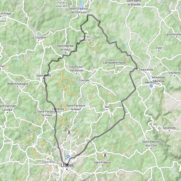 Map miniature of "Ussel Express" cycling inspiration in Limousin, France. Generated by Tarmacs.app cycling route planner