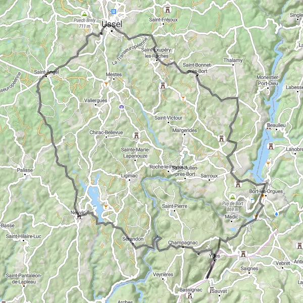 Map miniature of "The Ussel Loop" cycling inspiration in Limousin, France. Generated by Tarmacs.app cycling route planner