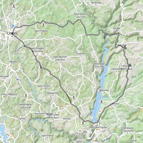 Map miniature of "Exploring the Hills" cycling inspiration in Limousin, France. Generated by Tarmacs.app cycling route planner