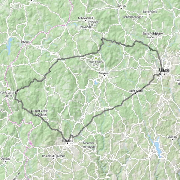 Miniature de la carte de l'inspiration cycliste "Les Collines de Haute-Corrèze" dans la Limousin, France. Générée par le planificateur d'itinéraire cycliste Tarmacs.app