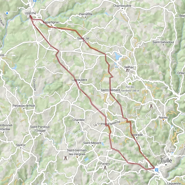 Map miniature of "Gravel Cycling Route from Uzerche" cycling inspiration in Limousin, France. Generated by Tarmacs.app cycling route planner