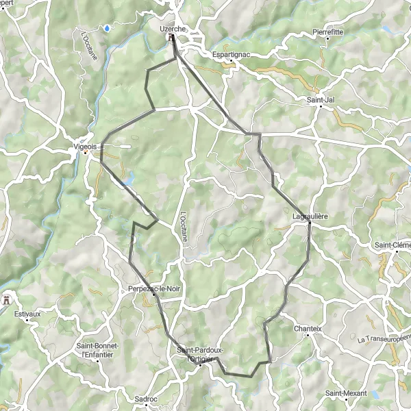Map miniature of "Countryside Serenade" cycling inspiration in Limousin, France. Generated by Tarmacs.app cycling route planner