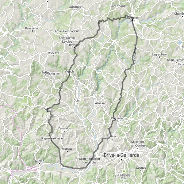 Map miniature of "Uzerche to Château Bécharie" cycling inspiration in Limousin, France. Generated by Tarmacs.app cycling route planner