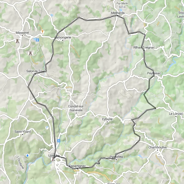 Map miniature of "Country Charm" cycling inspiration in Limousin, France. Generated by Tarmacs.app cycling route planner