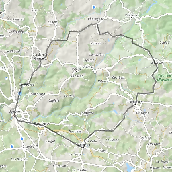 Map miniature of "Road Cycling Route from Uzerche" cycling inspiration in Limousin, France. Generated by Tarmacs.app cycling route planner