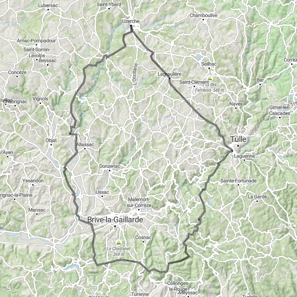 Map miniature of "Uzerche to Château du Saillant" cycling inspiration in Limousin, France. Generated by Tarmacs.app cycling route planner