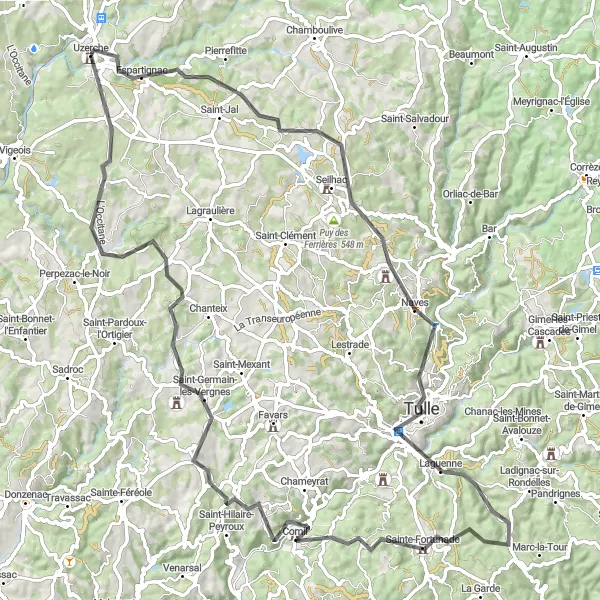 Map miniature of "Scenic Road Cycling Route around Uzerche" cycling inspiration in Limousin, France. Generated by Tarmacs.app cycling route planner