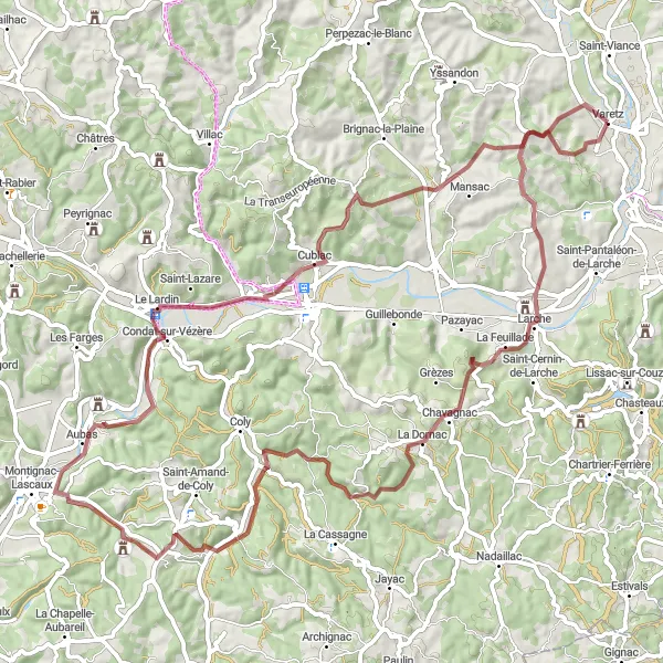 Miniature de la carte de l'inspiration cycliste "La Boucle des Châteaux de la Corrèze" dans la Limousin, France. Générée par le planificateur d'itinéraire cycliste Tarmacs.app