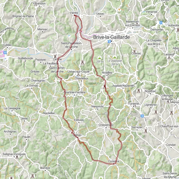 Map miniature of "Hidden Gems Gravel Ride" cycling inspiration in Limousin, France. Generated by Tarmacs.app cycling route planner