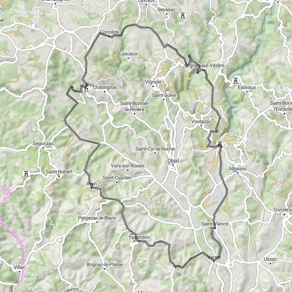 Miniature de la carte de l'inspiration cycliste "Parcours pittoresque de Yssandon à Orgnac-sur-Vézère" dans la Limousin, France. Générée par le planificateur d'itinéraire cycliste Tarmacs.app