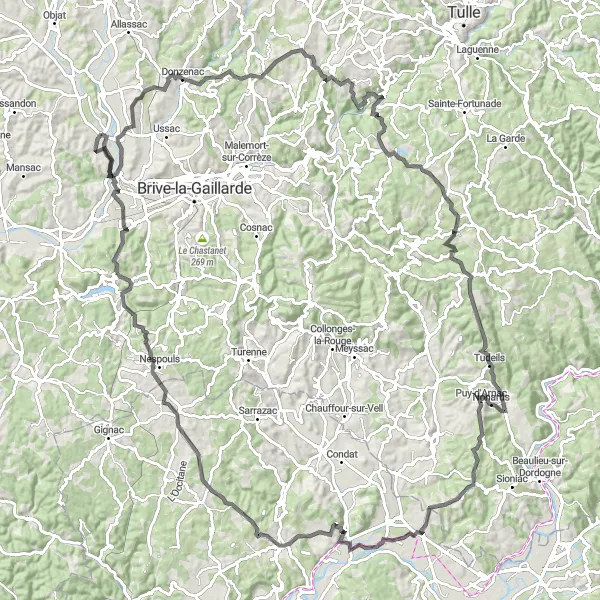 Map miniature of "Varetz Road Cycling Route 4" cycling inspiration in Limousin, France. Generated by Tarmacs.app cycling route planner