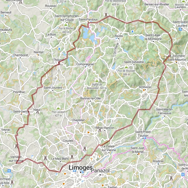 Map miniature of "Gravel Adventure Tour" cycling inspiration in Limousin, France. Generated by Tarmacs.app cycling route planner