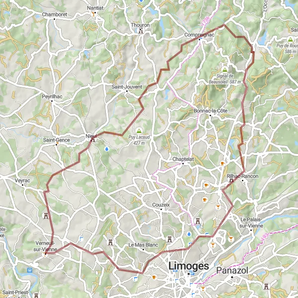 Map miniature of "Gravel Adventure in the Limousin Countryside" cycling inspiration in Limousin, France. Generated by Tarmacs.app cycling route planner