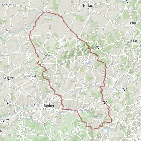 Map miniature of "Gravel Adventure: Veyrac Loop" cycling inspiration in Limousin, France. Generated by Tarmacs.app cycling route planner