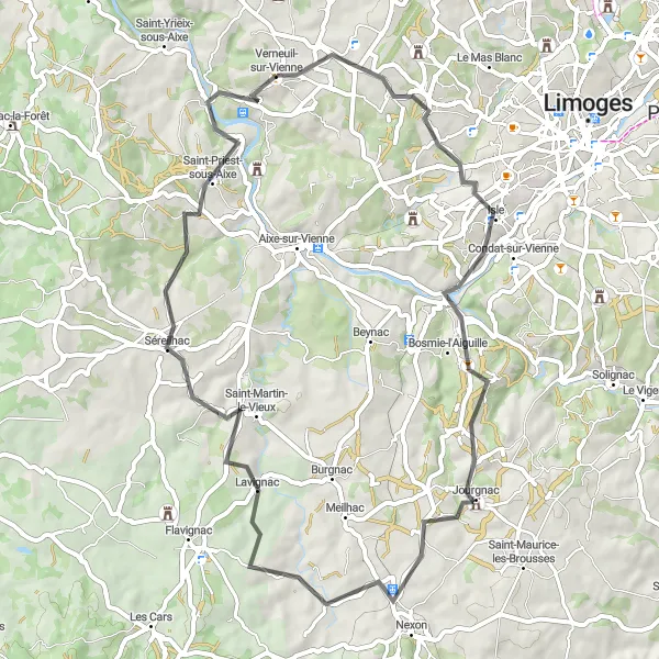 Map miniature of "Verneuil-sur-Vienne Loop" cycling inspiration in Limousin, France. Generated by Tarmacs.app cycling route planner